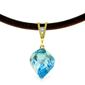 13.91 Carat 14K Solid Yellow Gold Leather Necklace Diamond Blue Topaz