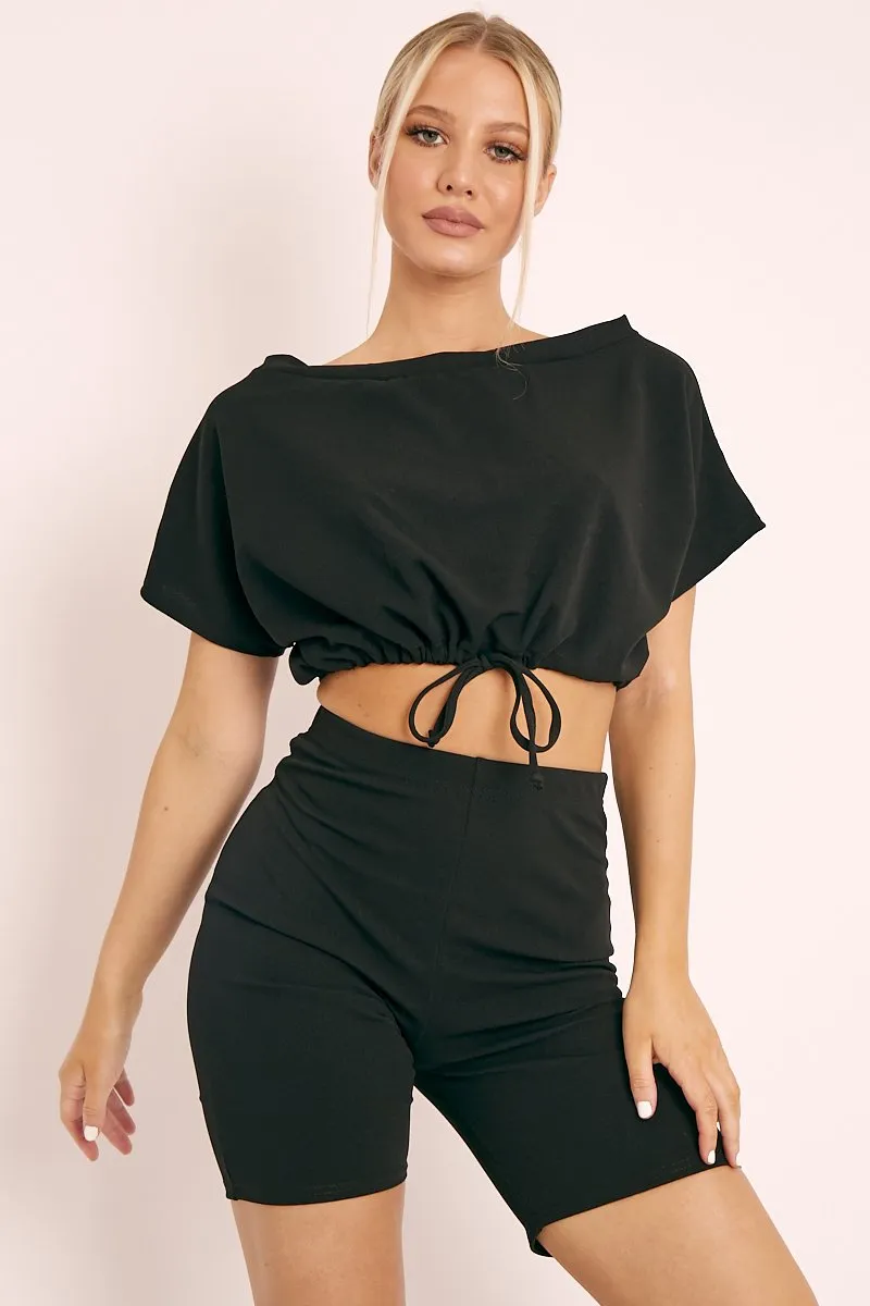 Black Drawstring Top Cycling Short Loungewear Co-ord - Krissa