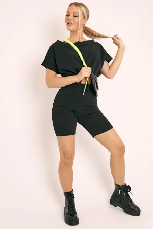 Black Drawstring Top Cycling Short Loungewear Co-ord - Krissa