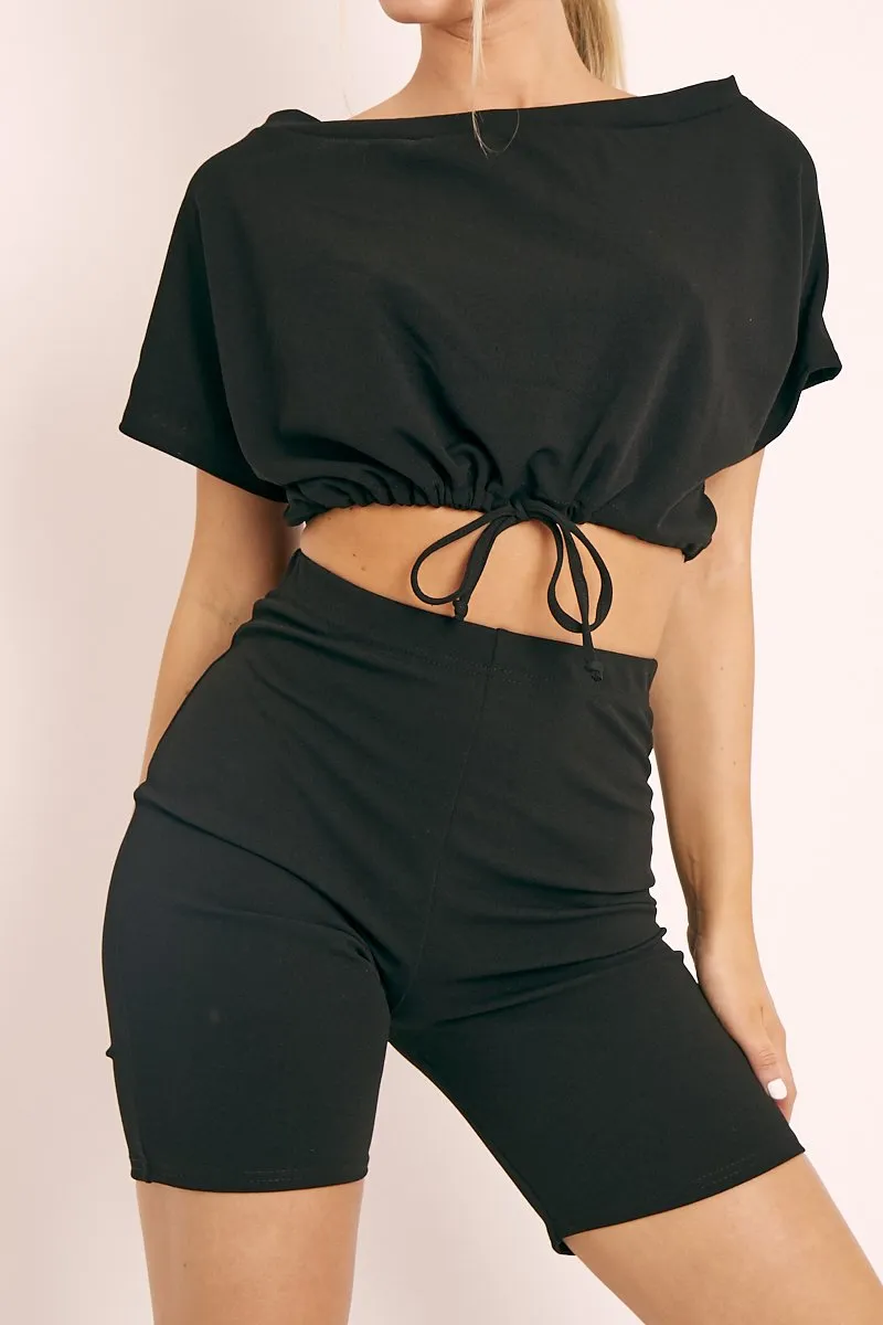 Black Drawstring Top Cycling Short Loungewear Co-ord - Krissa