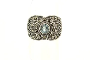 Blue Topaz Spiraled Silver Marcasite Ring