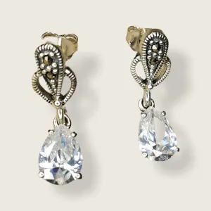 Clear Crystal Earrings Teardrop Silver Marcasite