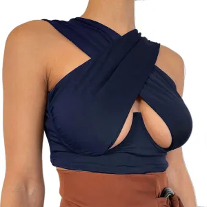 Cross Wrap Sleeveless Cut-Out Front Crop Bustier Tops- Plus Size