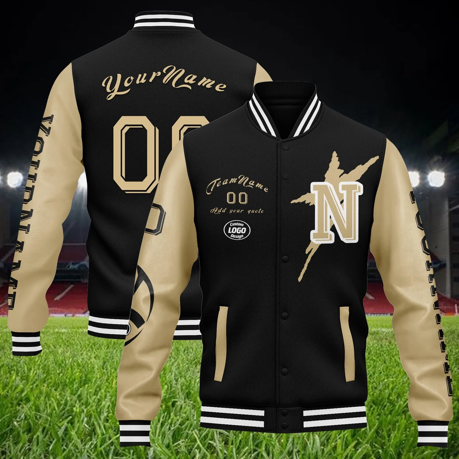 Custom Black Gold New Orleans Jacket Bomber Full-Snap Varsity Letterman Personalized Jacket FZ005SX-D020290-19