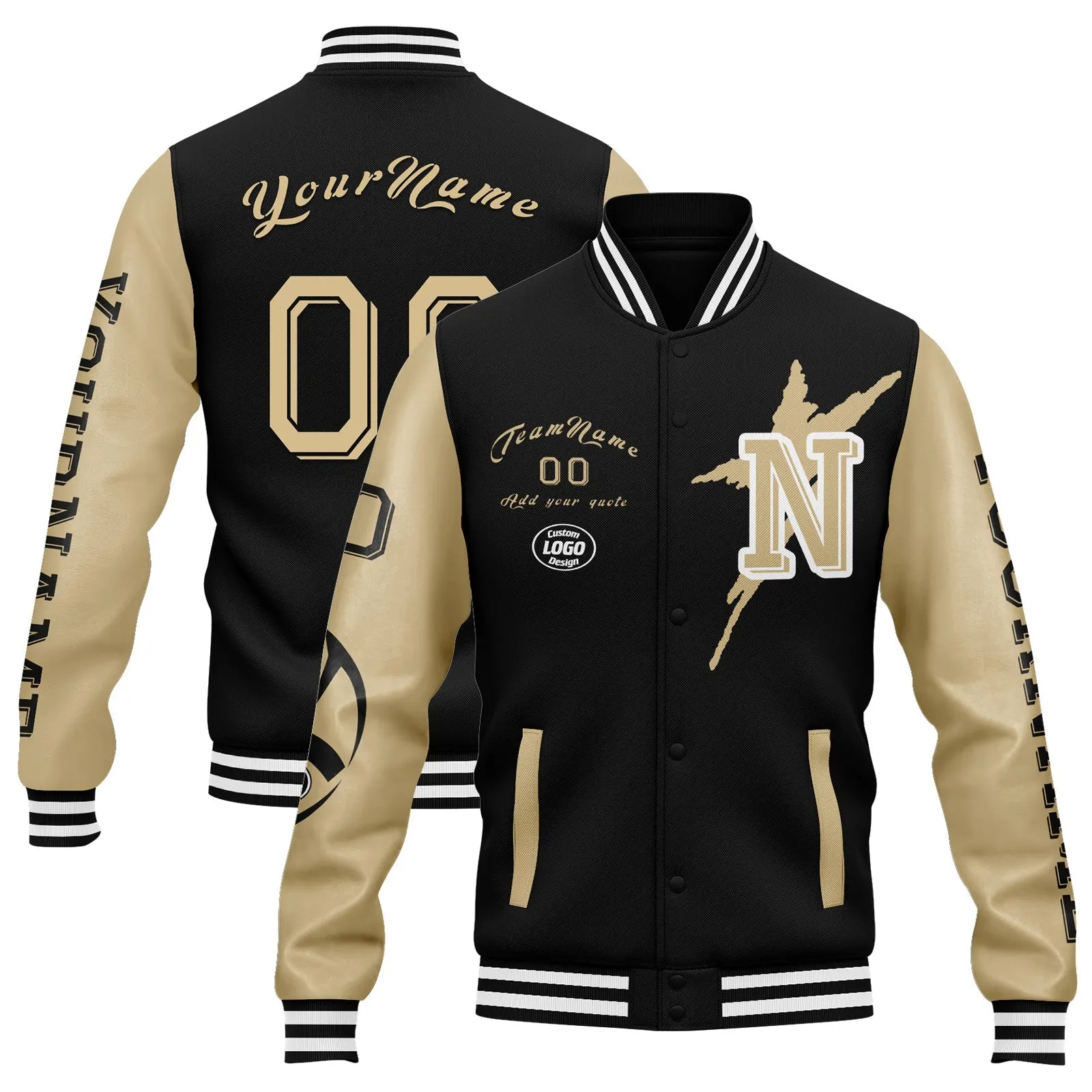 Custom Black Gold New Orleans Jacket Bomber Full-Snap Varsity Letterman Personalized Jacket FZ005SX-D020290-19