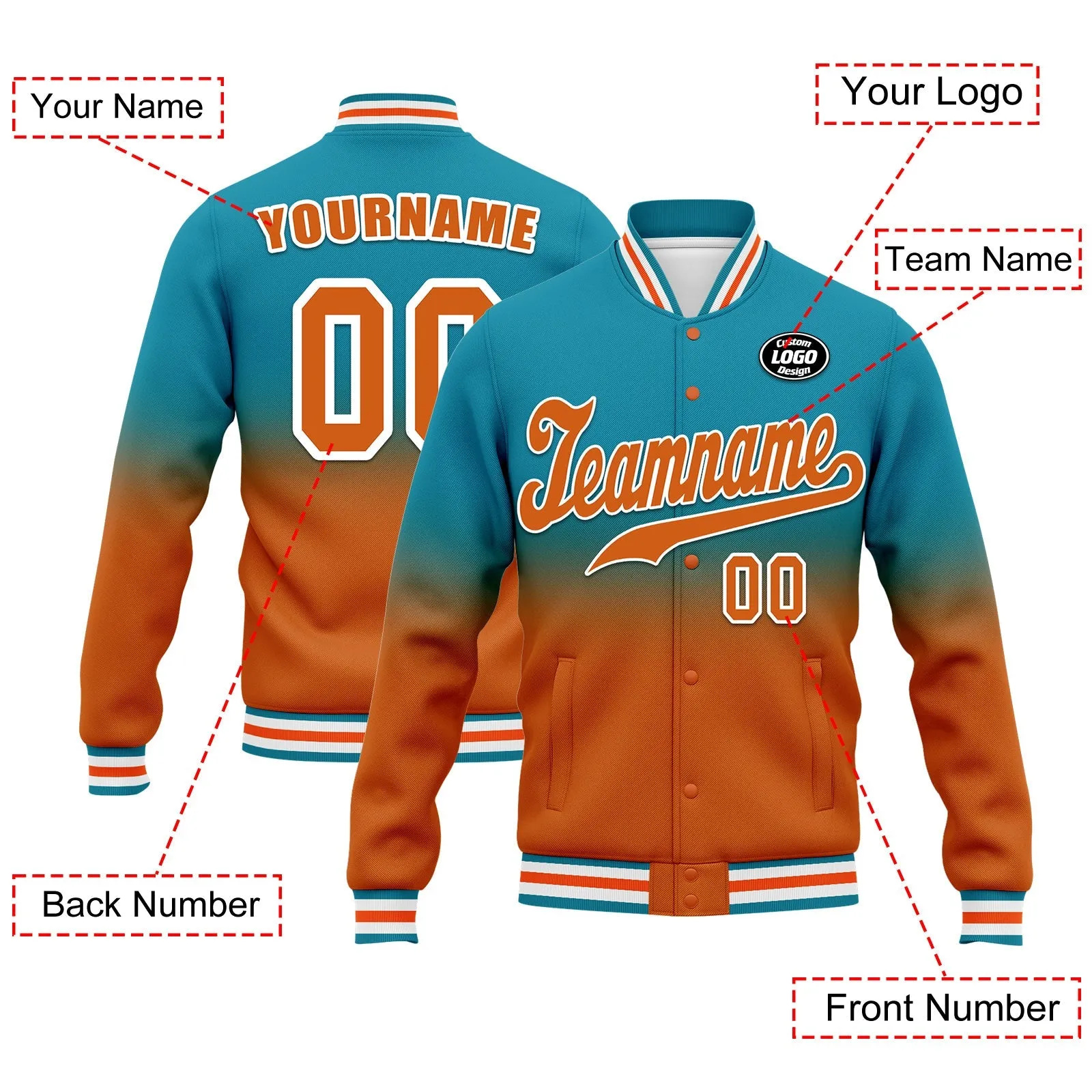 Custom Blue Orange Fade Fashion Jacket Bomber Full-Snap Varsity Letterman Personalized Jacket FZ005-D020229-23