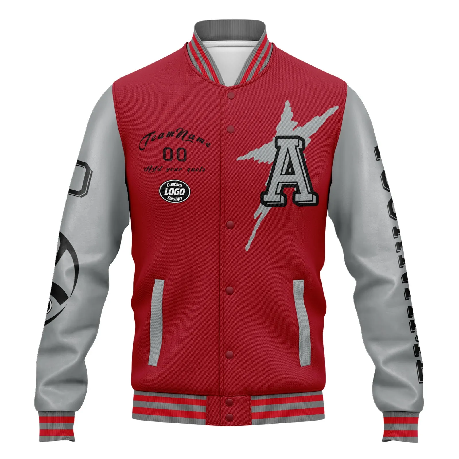 Custom Red Gray Atlanta Jacket Bomber Full-Snap Varsity Letterman Personalized Jacket FZ005SX-D020290-3