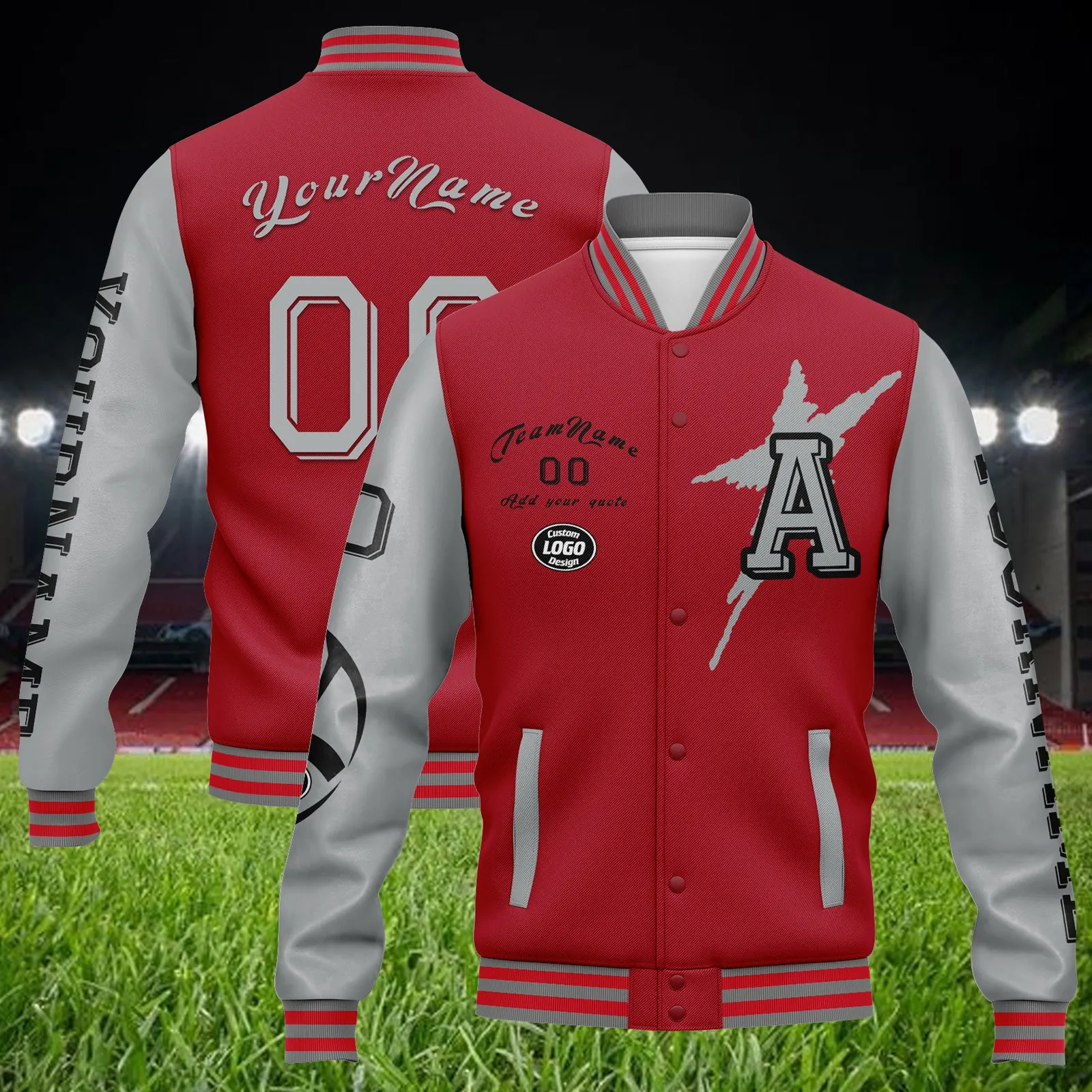 Custom Red Gray Atlanta Jacket Bomber Full-Snap Varsity Letterman Personalized Jacket FZ005SX-D020290-3