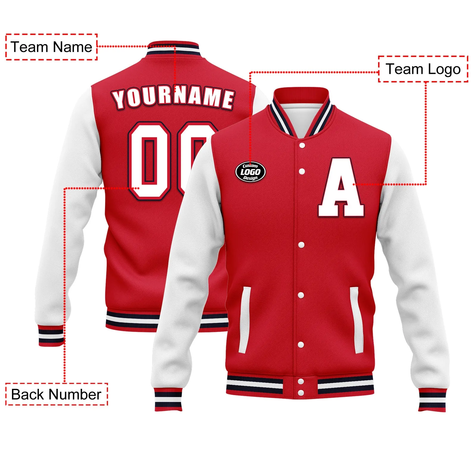 Custom Red Gray Jacket Bomber Full-Snap Varsity Letterman Personalized Jacket FZ005-D020255-3