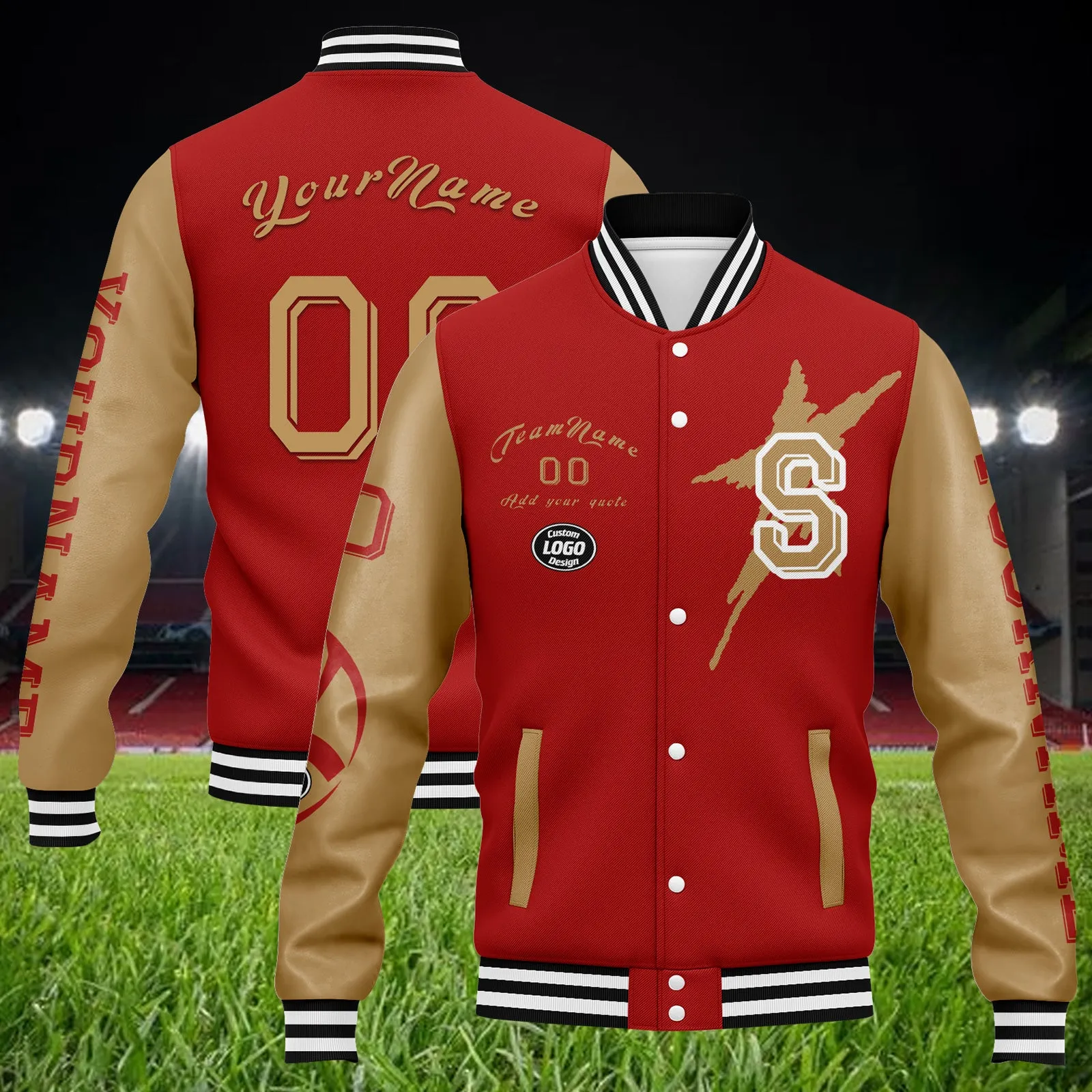 Custom Red Yellow San Francisco Jacket Bomber Full-Snap Varsity Letterman Personalized Jacket FZ005SX-D020290-25