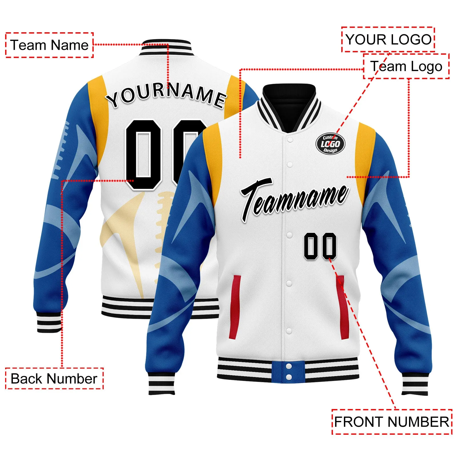 Custom White Pittsburgh Jacket Bomber Full-Snap Varsity Letterman Personalized Jacket FZ005-D025004-31