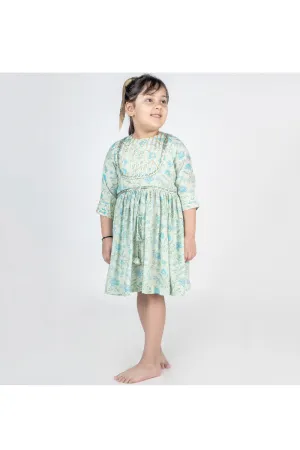 Green Floral Printed Muslin Dress