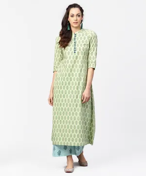 Green Printed 3/4Th Sleeve A-Line Cotton Kurta With Blue Printed Pallzo