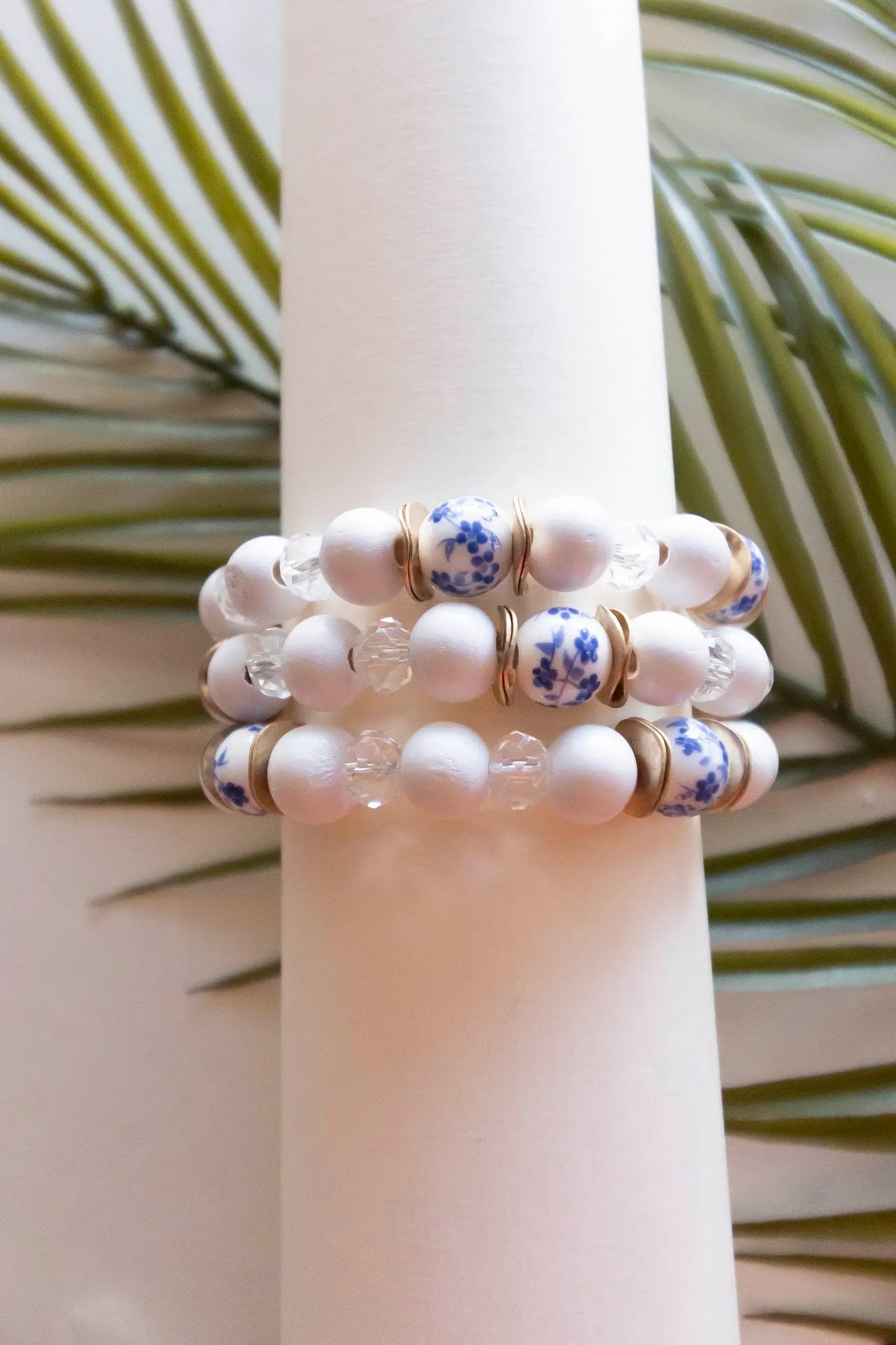 Lena Bracelet Stack | White Painted Wood Beads | Blue China Patter Beads | Spring Summer Bracelet Stacks | Layering Bracelets