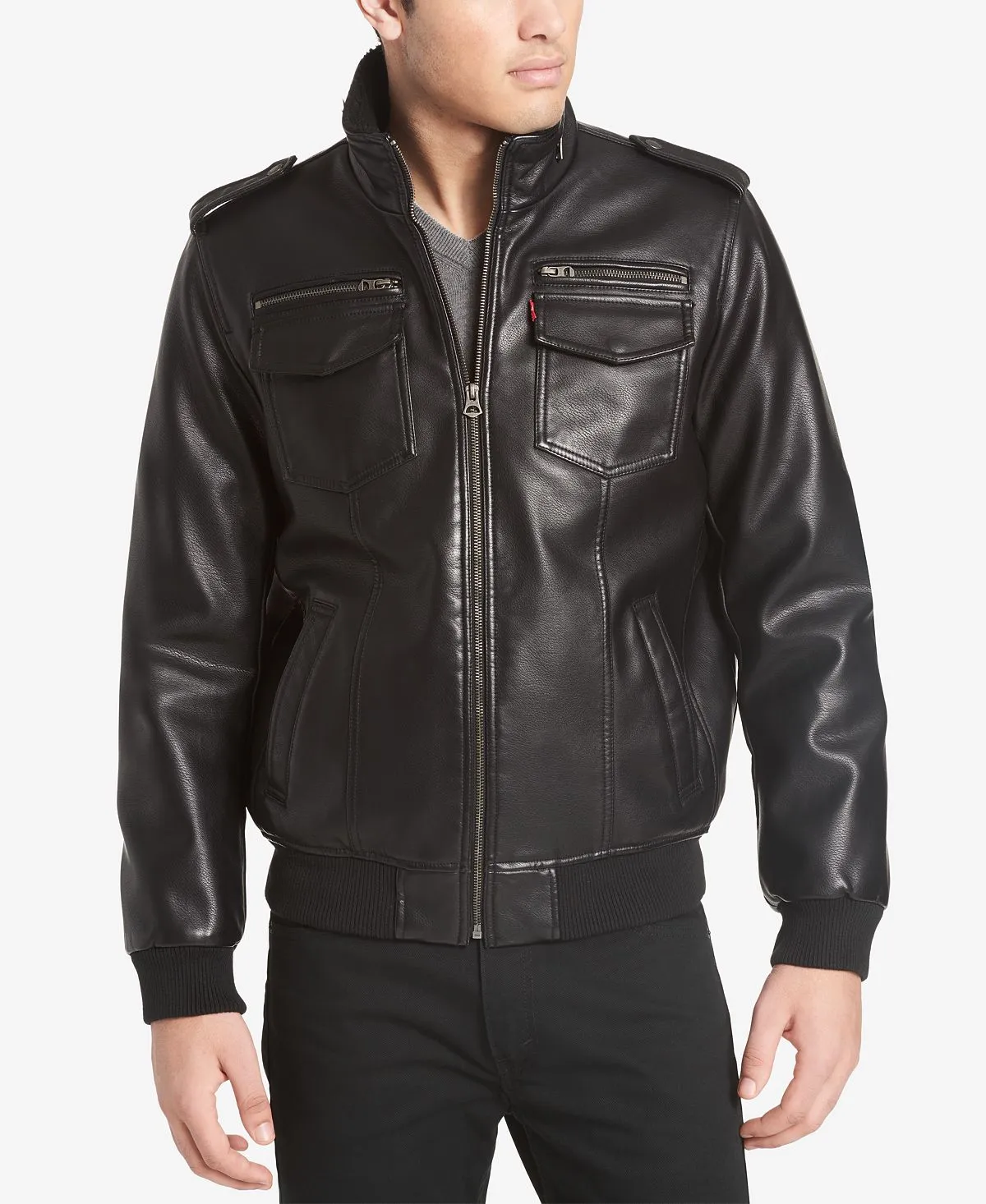 Levi's Men's Faux Leather Bomber Jacket with Sherpa Lining, Black