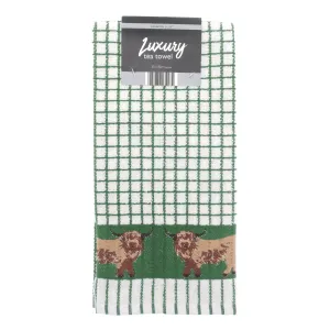 Luxury Jacquard Highland Cow Border Tea Towel Green Check