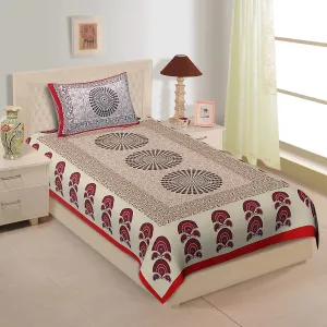 Ubania Collection® 100% Comfort Cotton Jaipuri Rajasthani Traditional Mandala Chakra Print TC 144 Single Bed Bedsheet with Pillow Covers for Bedroom (Red, Single)